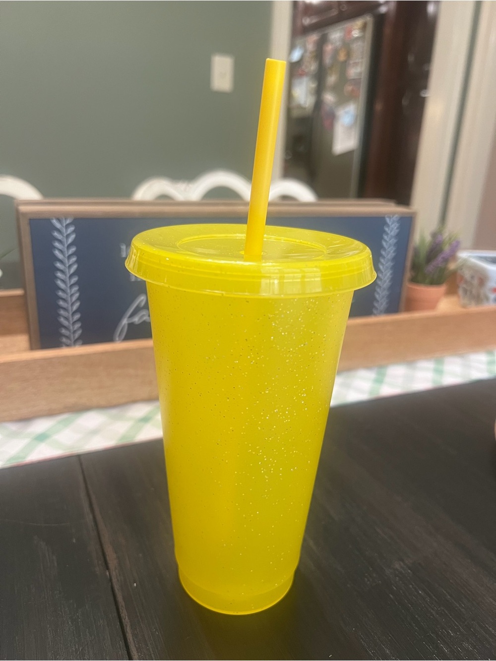 4 Yellow Reusable plastic Tumblers with lids and straws